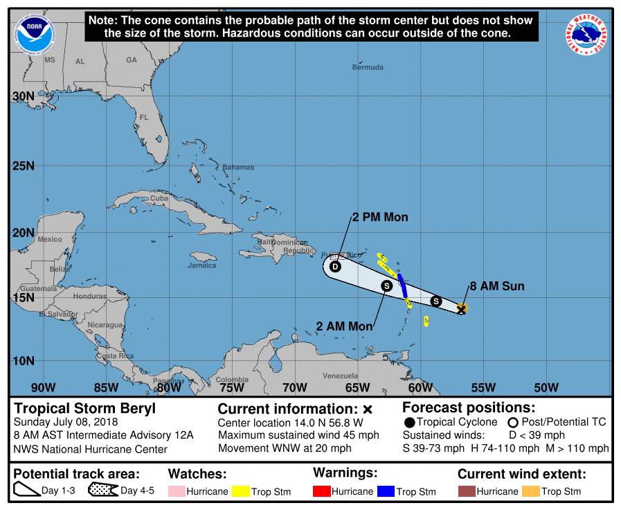 Tropical Storm Beryl Still Pushing Towards the Lesser Antilles