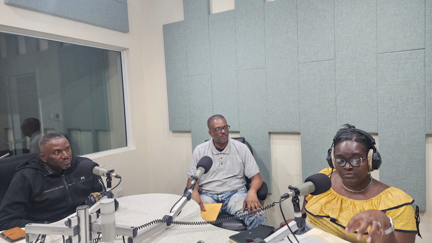 Members of the Opposition in the ZJB Radio studio. (l to r) Donaldson Romeo MLA, Paul Lewis (leader of the Opposition), and Nyota Mulcare MLA