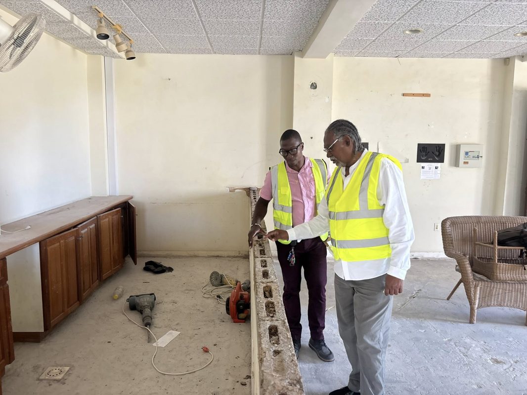 The bar area has been gutted. Premier Meade gets update on refurbishment of Montserrat Cultural Centre from Project Manager Damion Williams.