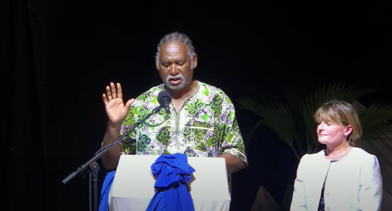 Premier Reuben T. Meade at the swearing in ceremony on Friday evening as Governor Sarah Tucker looks on.