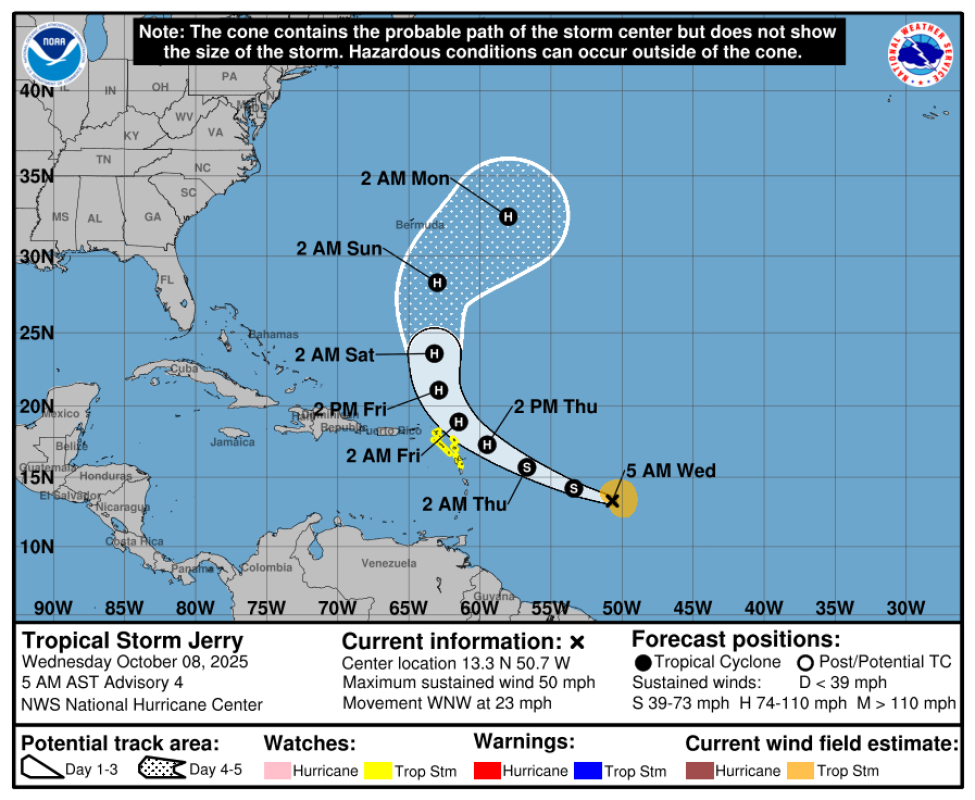 Tropical Storm Jerry at 5AM Wednesday, October 8, 2025