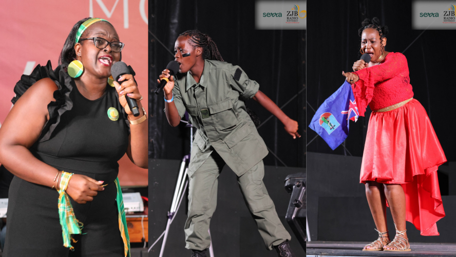 (l to r) Black Pearl, Blessings and Maggie D to compete in 2025 Regional Female Calypso Competition. (ZJB Photos)
