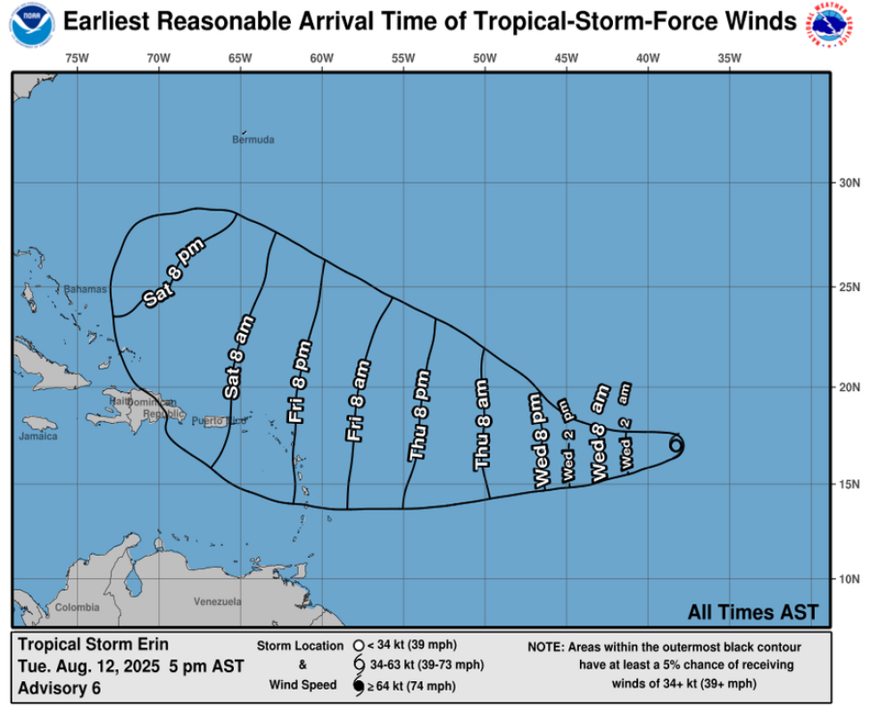 Tropical Storm Erin at 5pm on Tuesday, August 12.