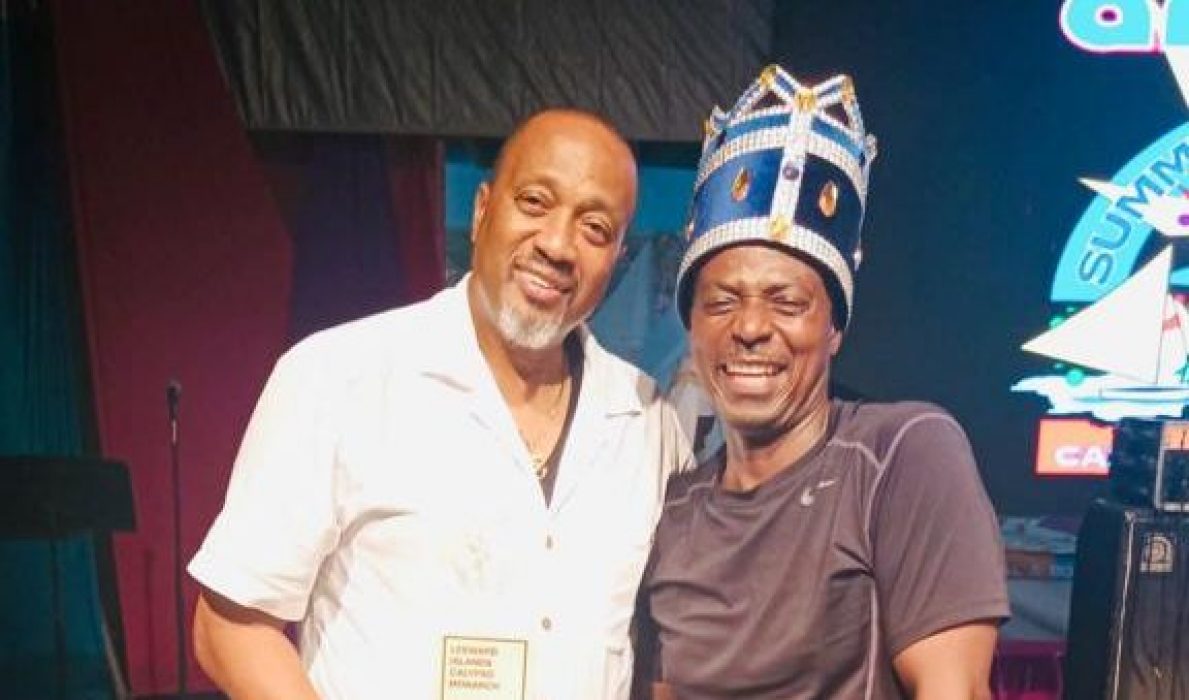 MAC Director Kenneth Rabo Silcott and Keithroy The Voice Morson in Anguilla in 2023 after winning the crown for Montserrat.