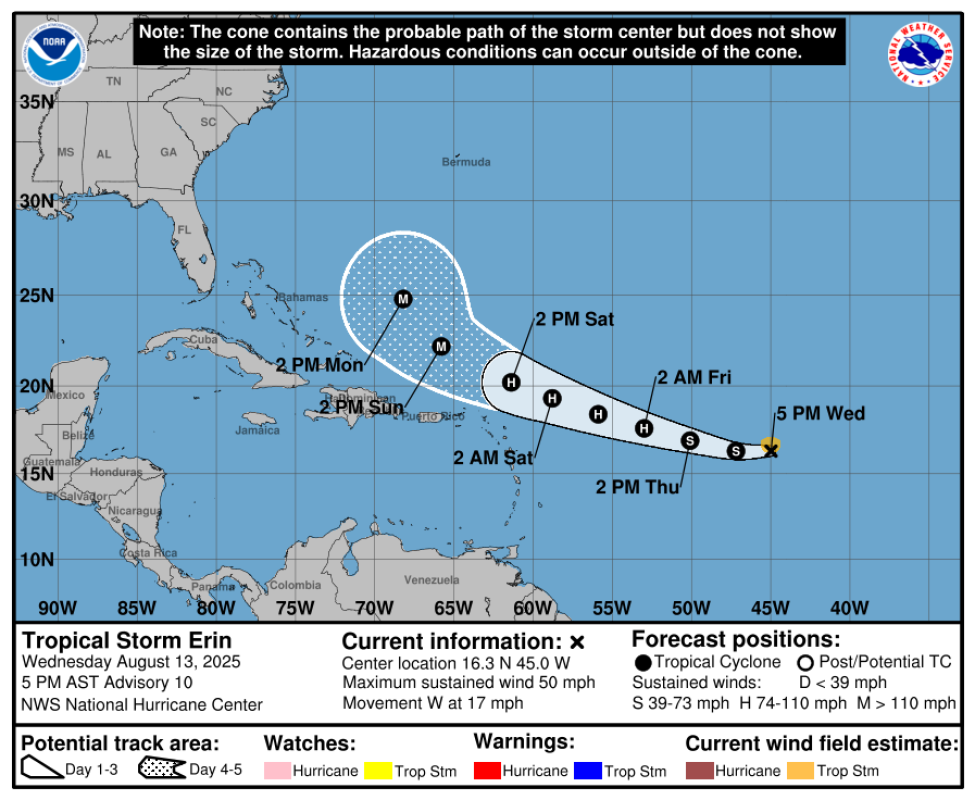 Tropical Storm Erin at 5pm on Wednesday, August 13, 2025