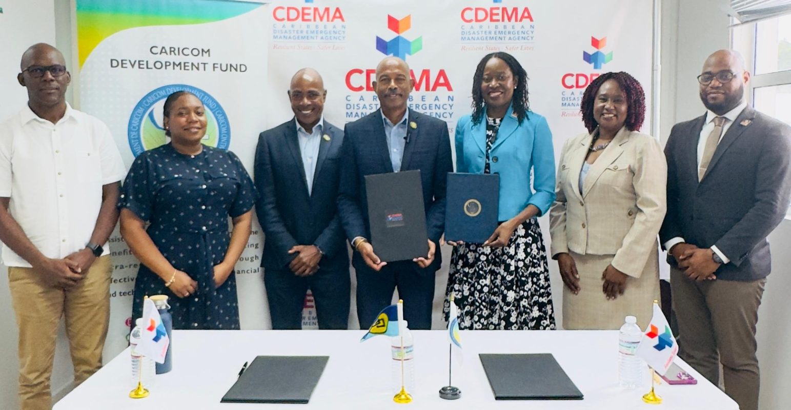 In the photo: from left, CDEMA’s Deputy Executive Director Lt. Col. Kester Craig, Manager Human Resources & Admin, Mrs. Carrie-Anne Morris-Searles, CDF’s Legal Counsel, Mr. Arden Warner, CDF’s Chief Executive Officer, Mr. Rodinald Soomer, CDEMA’s Executive Director, Ms. Elizabeth Riley, CDEMA’s Manager, Planning and Business Development, Ms. Andria Grosvenor and Manager Preparedness and Response, Mr. Mandela Christian.