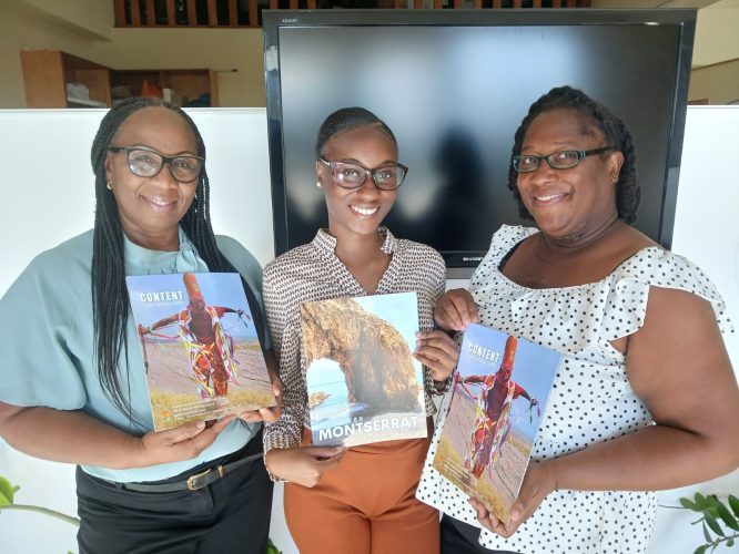 The ladies of the Montserrat Tourism Division with the first edition of Discover Montserrat magazine