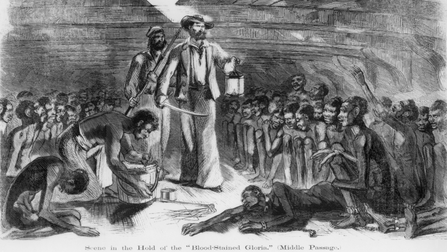 Scene in the Hold of the Blood Stained Gloria, shows a sailor walking among African captives in the hold of
the slave ship. From the book, REVELATIONS OF A SLAVE SMUGGLER,
published in 1860, claimed to be an
autobiography of Captain Richard
Drake.
