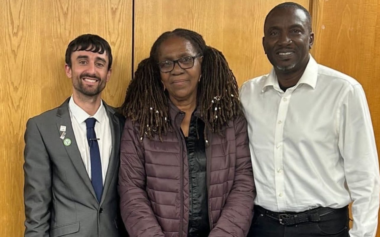 Cherry Brown has been helped by Ryan Hayman of Swanley town council, left, and Donaldson Romeo, a Montserratian MP. Photograph: Cherry Brown