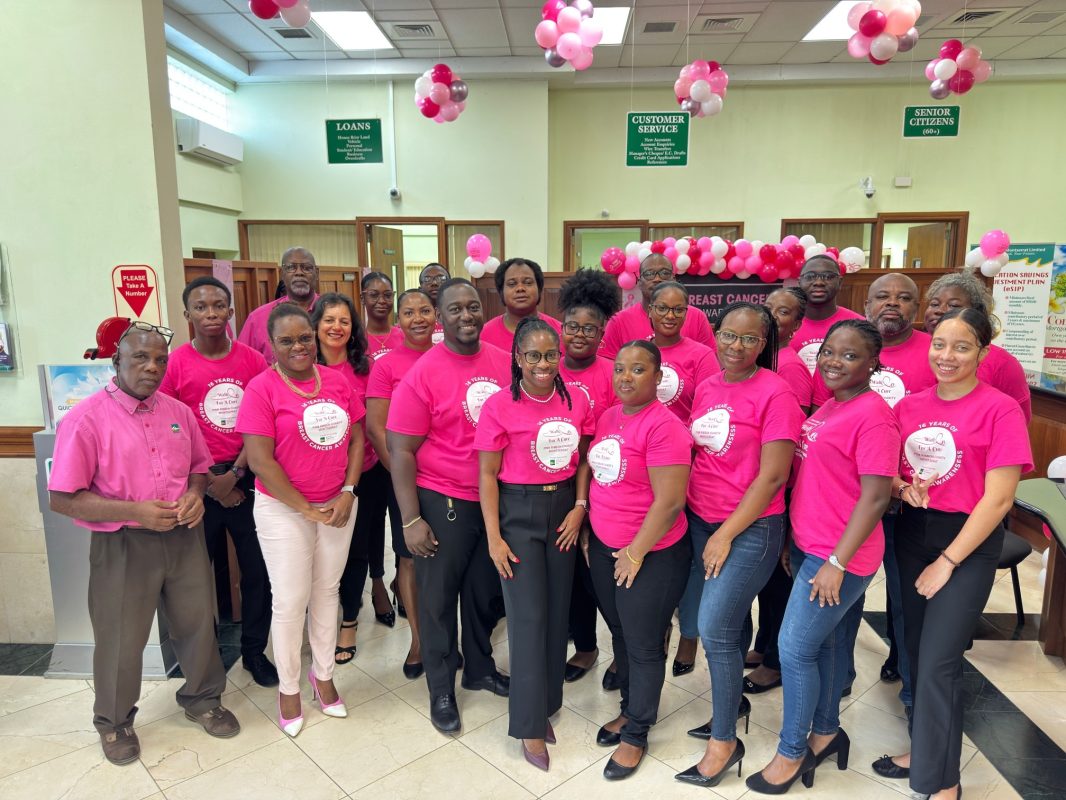 Management and staff of Bank of Montserrat Ltd. all wore pink on Friday.